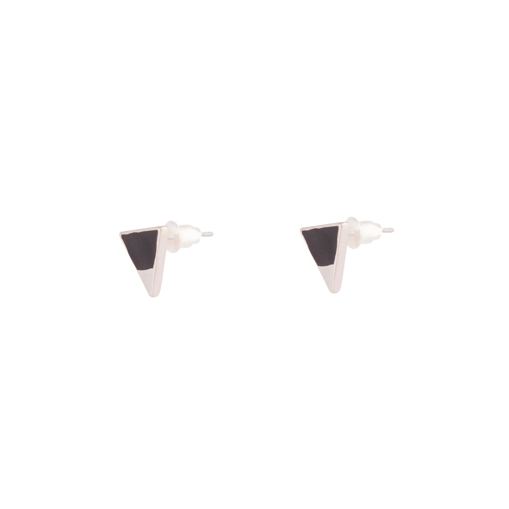 Rhodium Half Enamel Black Triangle Stud Earrings