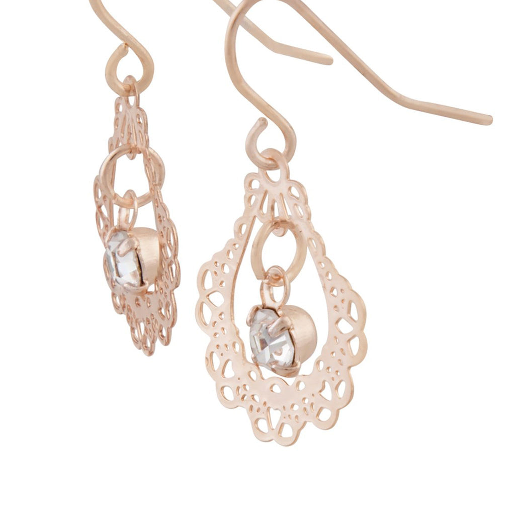 Ornate Rose Gold Drop Earrings With Centre Diamante