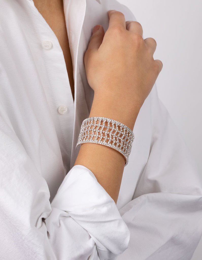 Silver Diamante Arrow Chain Cuff Bracelet