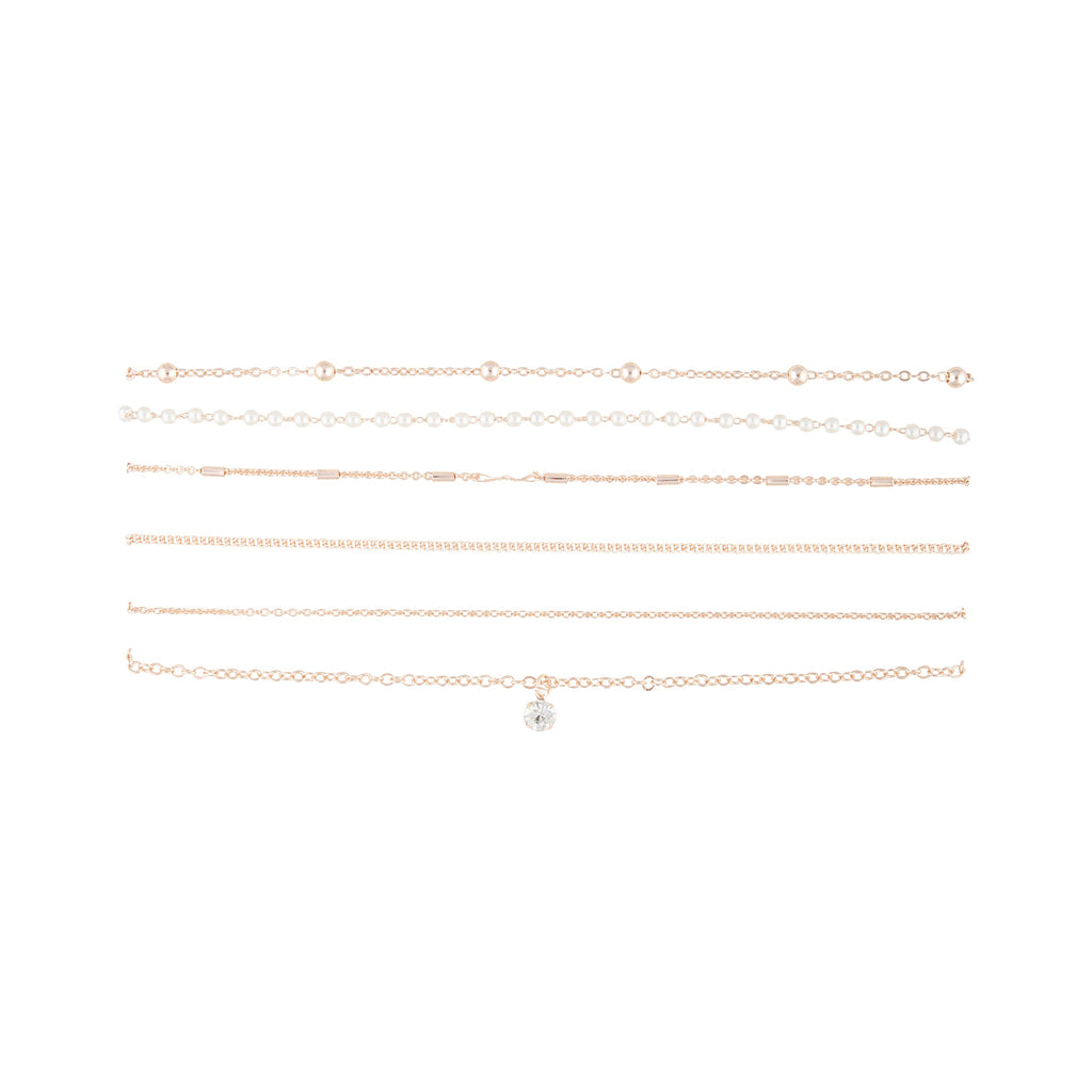 Rose Gold Diamante Pearl Station Choker 6-Pack