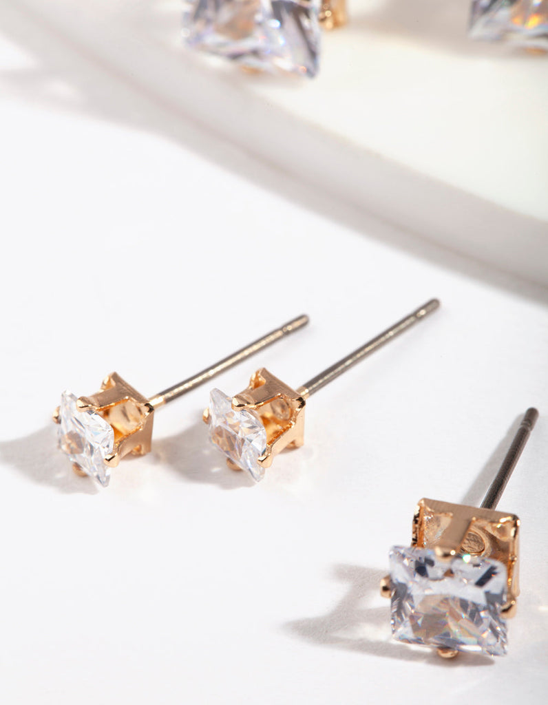 Gold Square Cut Diamante Stud Pack