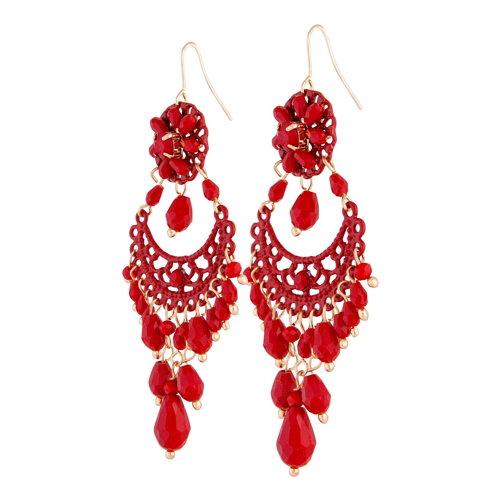 Red Beaded Chandelier Drop Earrings