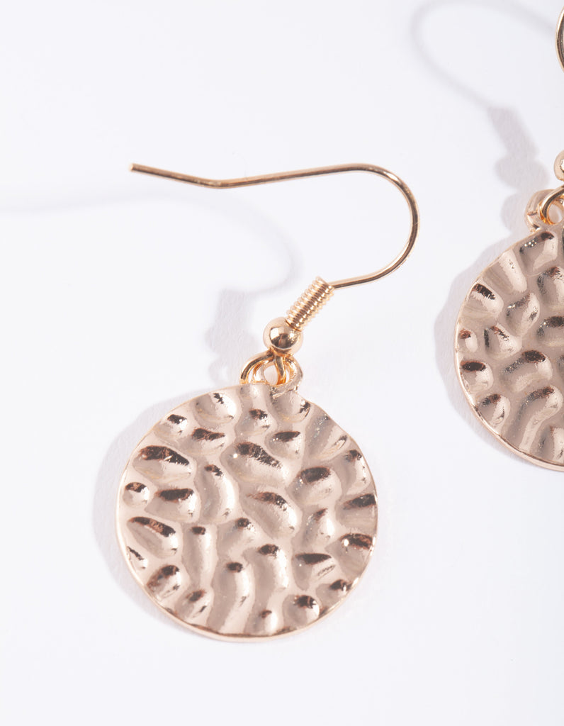 Gold Hammered Disc Drop Earrings