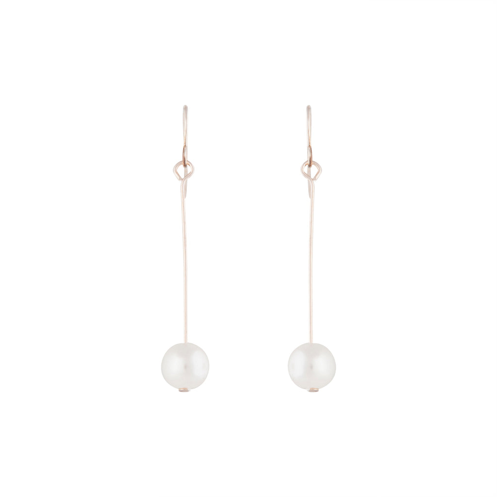 Rose Gold Fine Stick & Pearl Drop Earrings