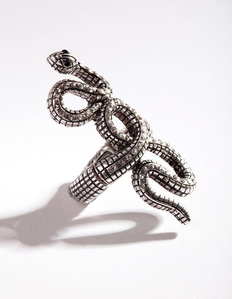 Silver Snake Diamante Stretch Ring