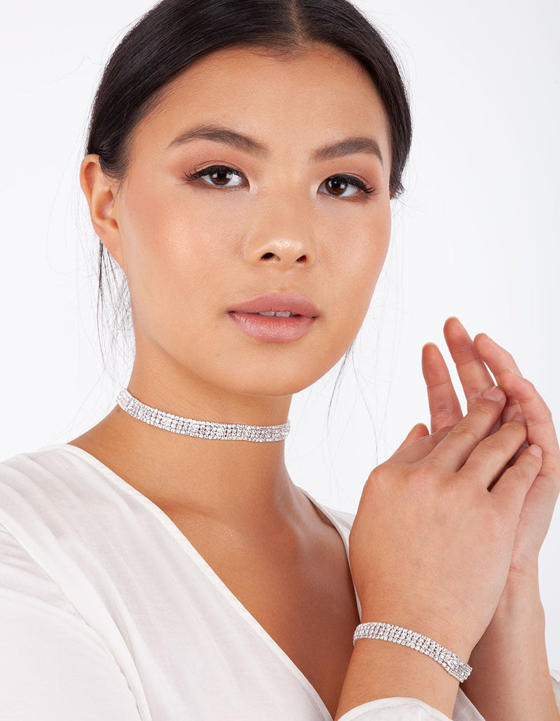 Four Row Diamante Choker & Bracelet Set