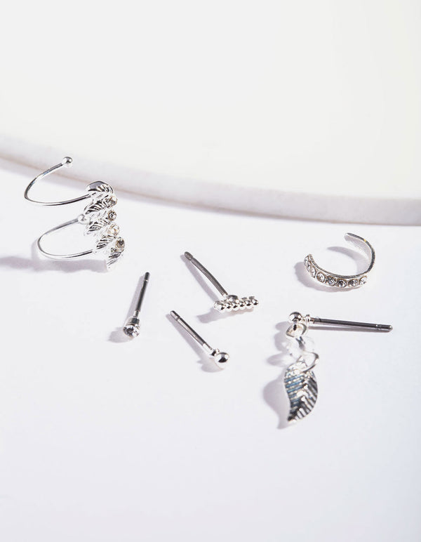 Silver Leaf Diamante Stud Pack