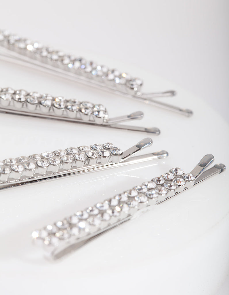 Silver Double Row Diamante Clip 4-Pack