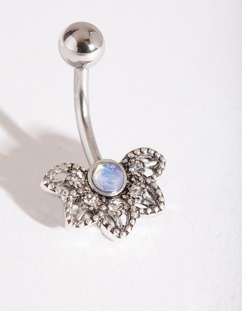 Silver Surgical Steel Synthetic Opal Flower Belly Bar