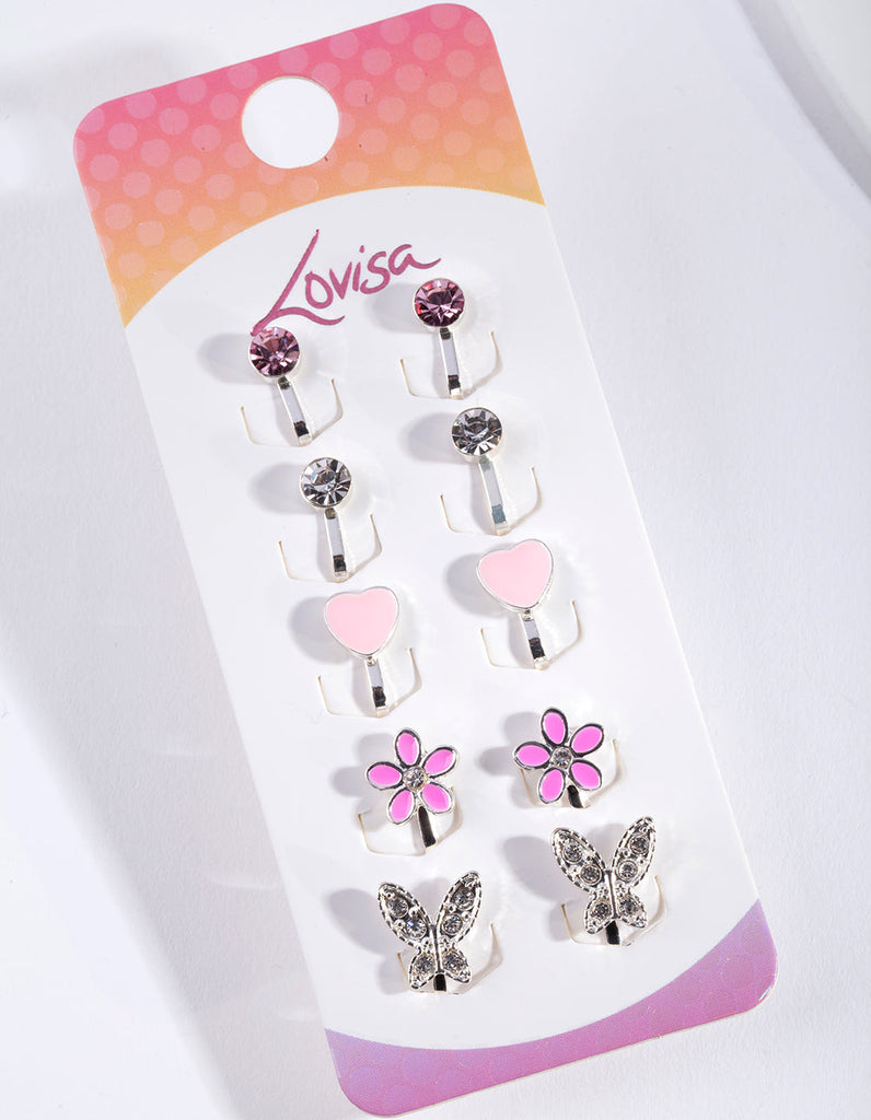 Kids Silver Diamante Heart Flower & Butterfly Clip On Earring 5-Pack