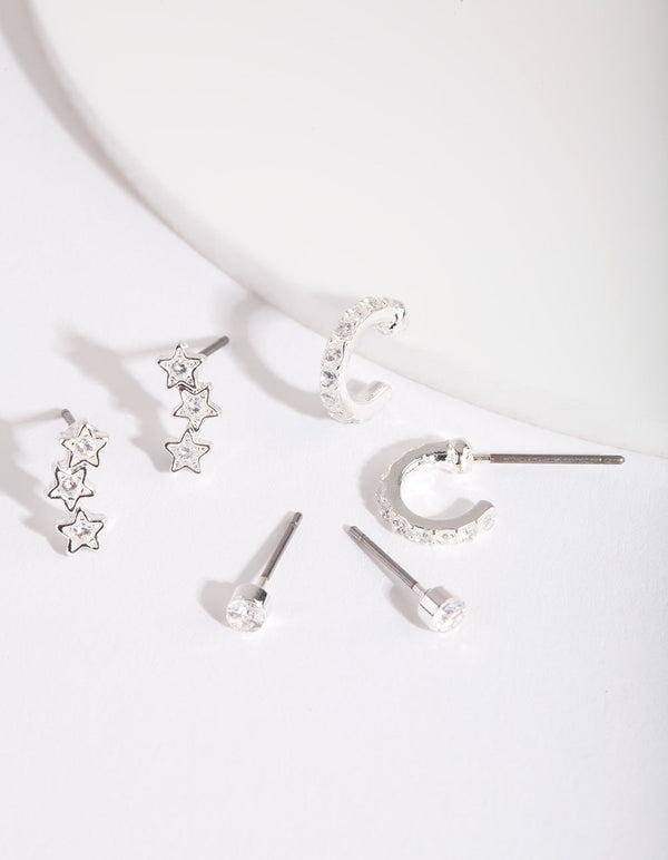 Silver Cubic Zirconia Huggie Star Earring Pack