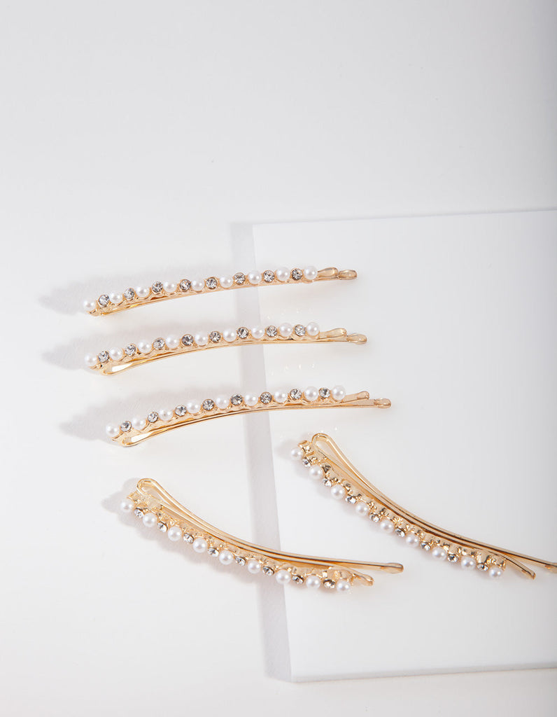 Gold Pearl & Diamante Hair Pin 5-Pack