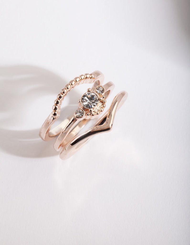 Rose Gold Diamante 3 Band Ring Stack