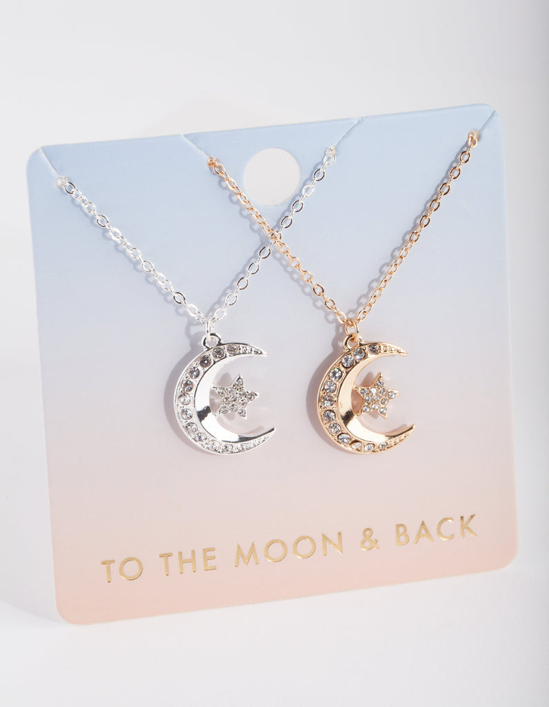 Mixed Metal Diamante Moon Necklace Pack