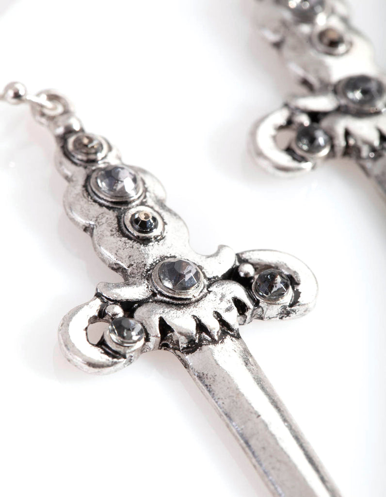 Antique Silver Sword Drop Earrings