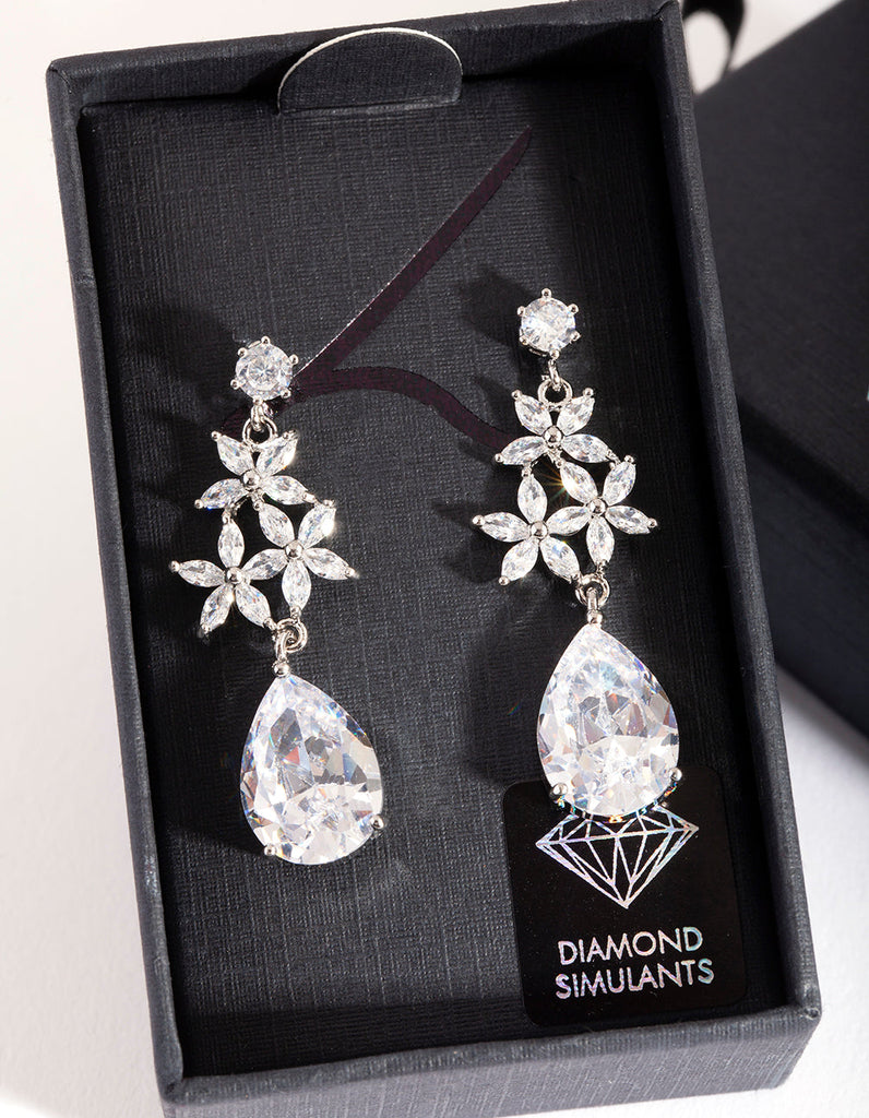 Rhodium Diamond Simulant Flower Teardrop Earrings