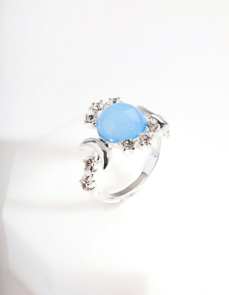 Silver Vanilla Synthetic Opal Moon Diamante Ring