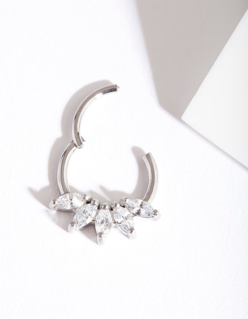 Surgical Steel Rhodium Cubic Zirconia Marquise Clicker Earring