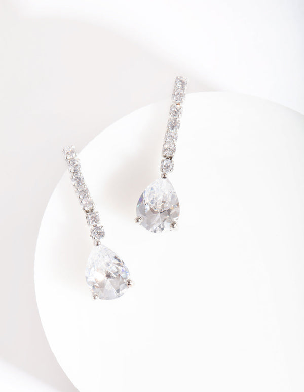 Silver Cubic Zirconia Pear Cupchain Drop Earrings