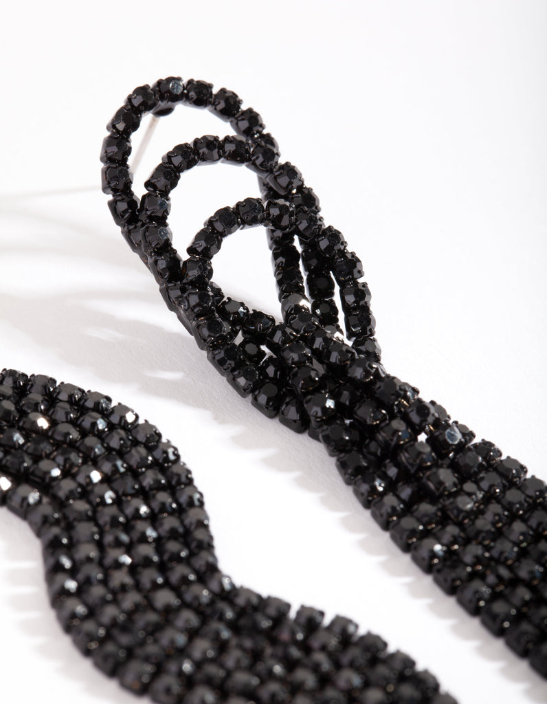 Black Triple Loop Diamante Tassel Earrings