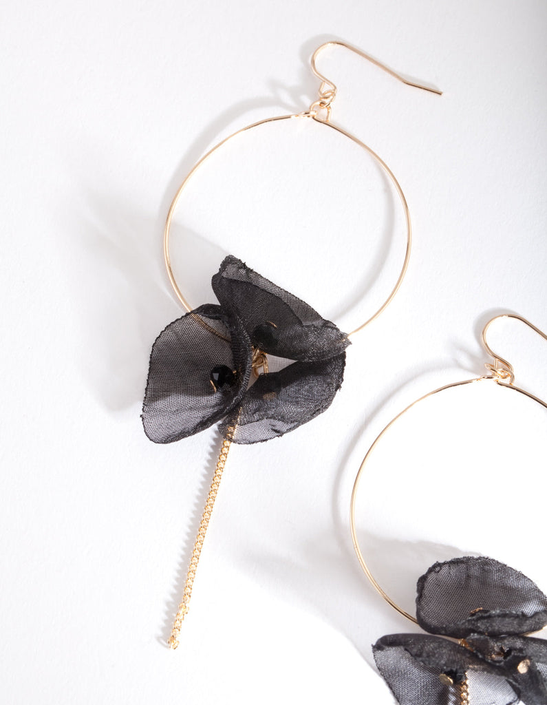 Gold Black Fabric Flower Hoop Earrings