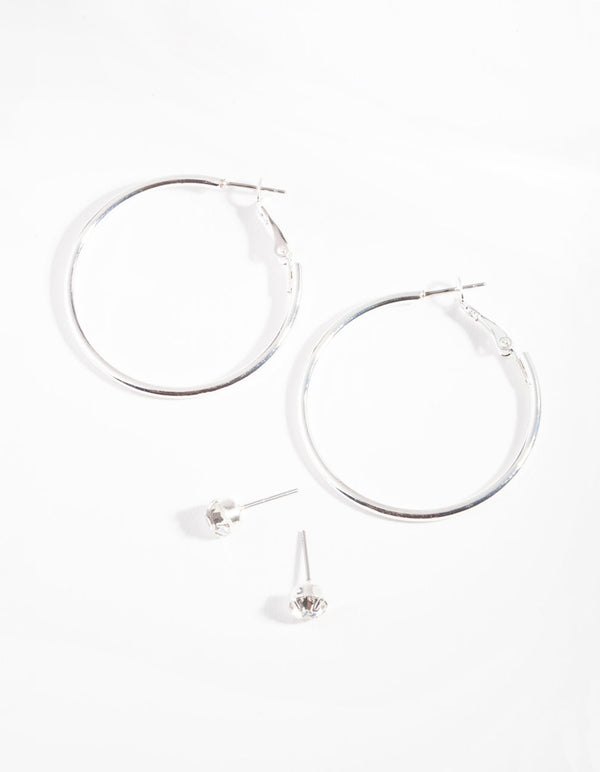 Silver Hoop & Diamante Stud Earring Pack