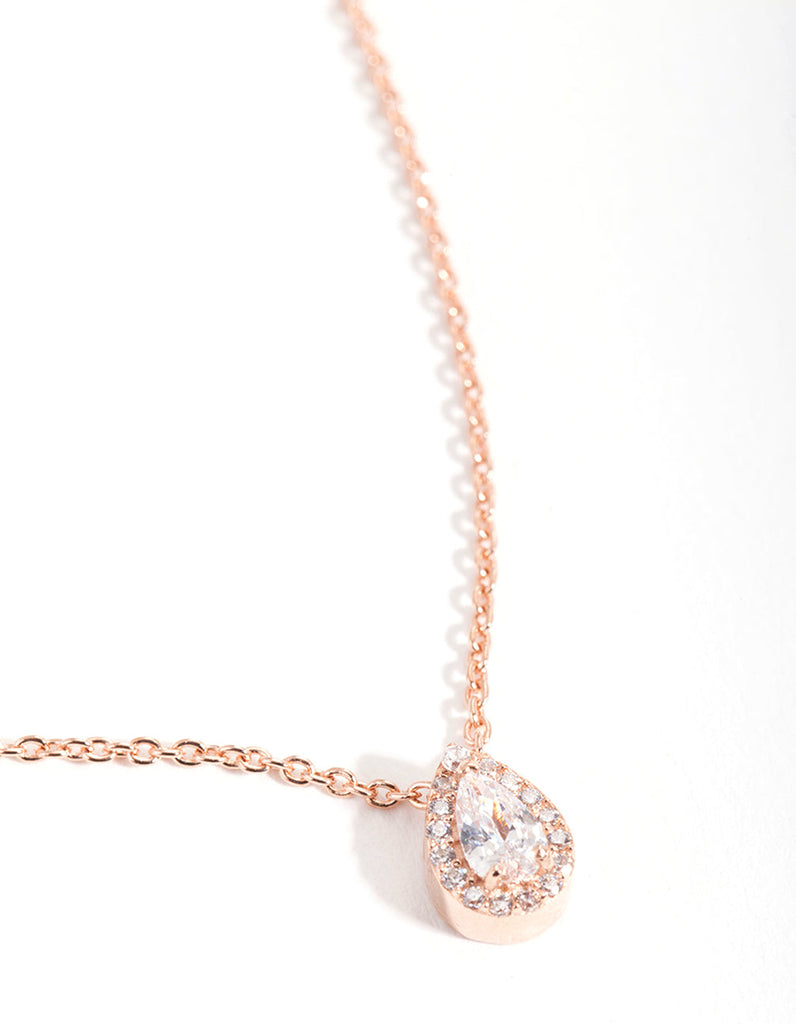 Rose Gold Plated Sterling Silver Cubic Zirconia Pear Halo Necklace