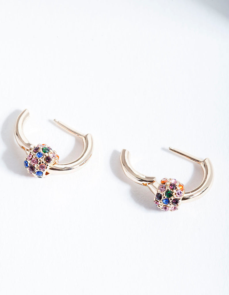 Gold Rainbow Diamante Bead Huggie Earrings