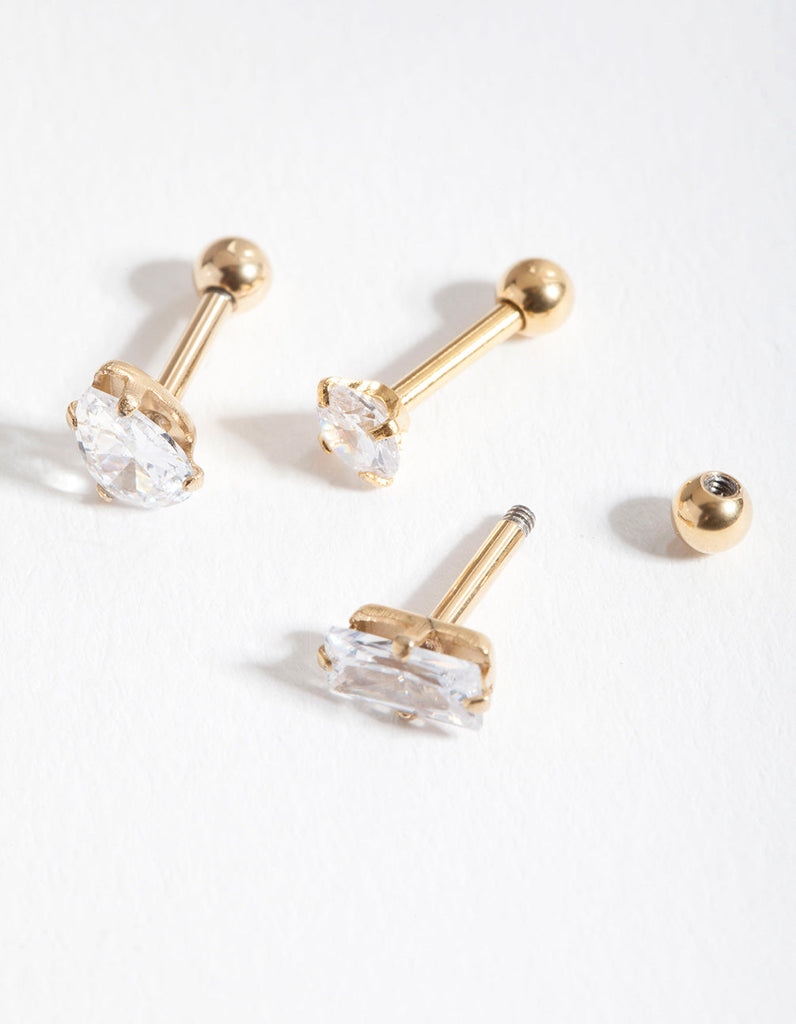 Gold Cubic Zirconia Multi-Cut Stone Barbell Earring Pack