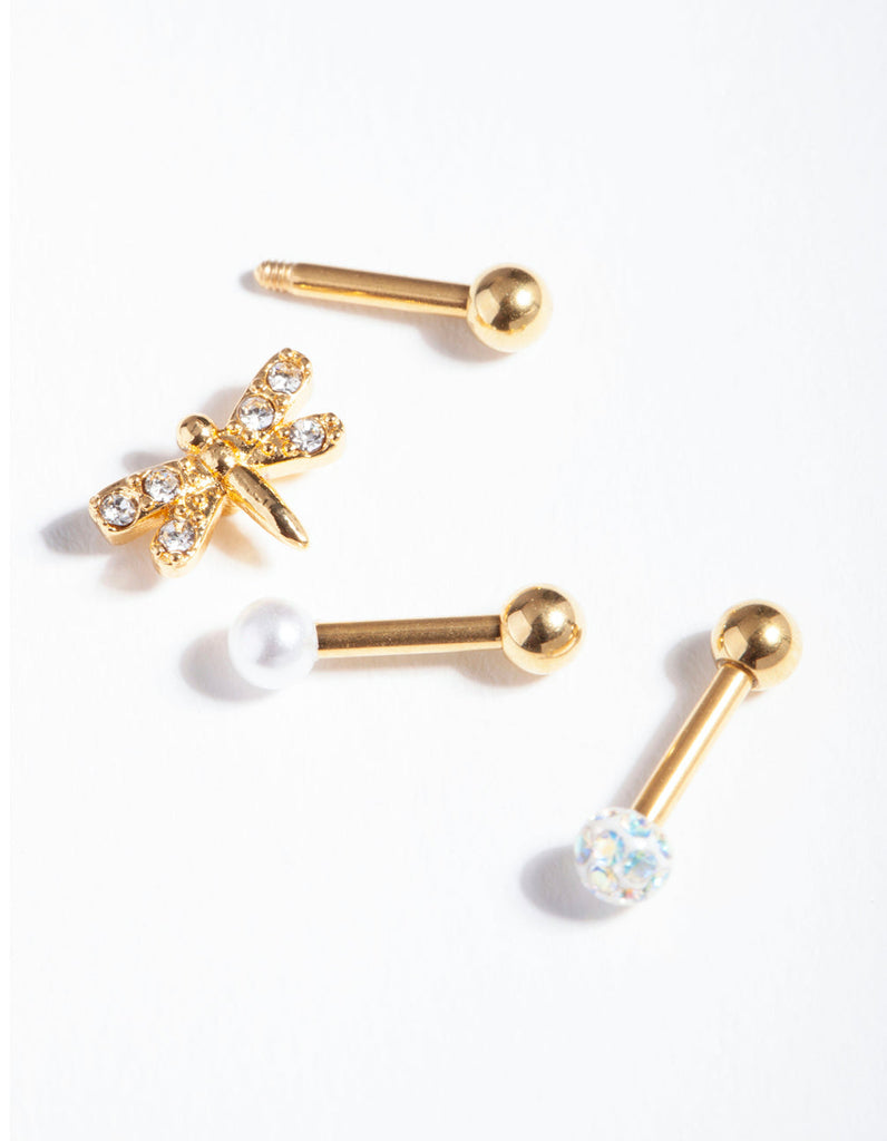 Gold Plated Surgical Steel Diamante Dragonfly Barbell Pack