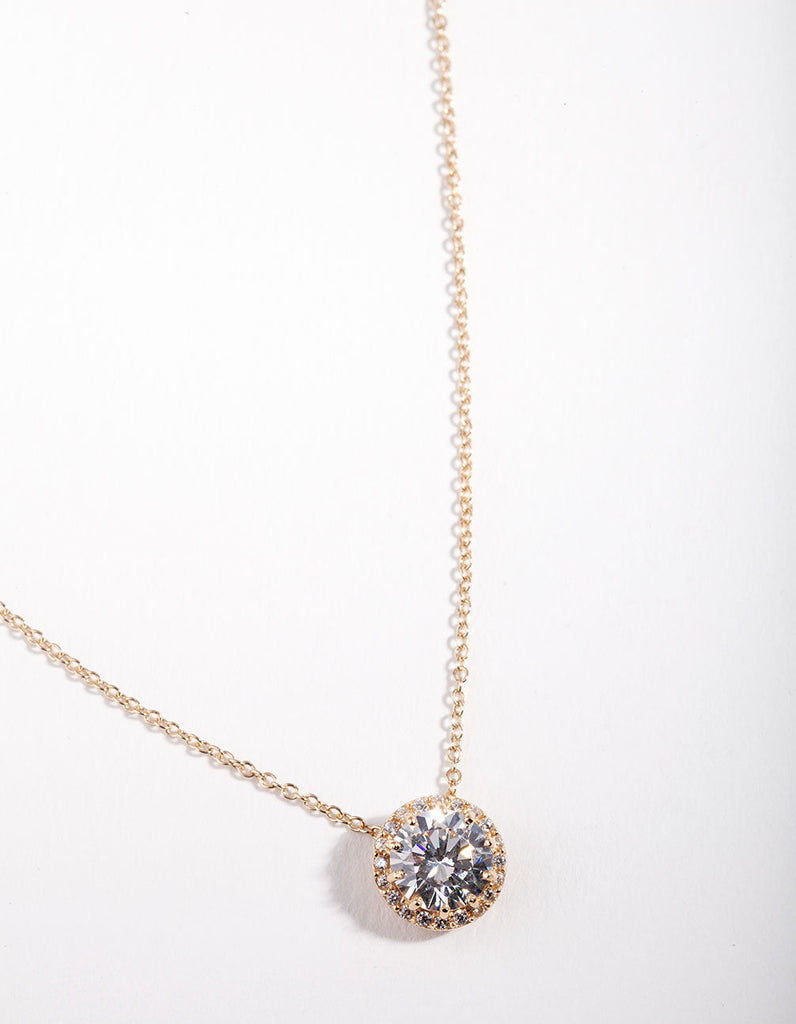Gold Plated Sterling Silver 6mm Cubic Zirconia Halo Necklace