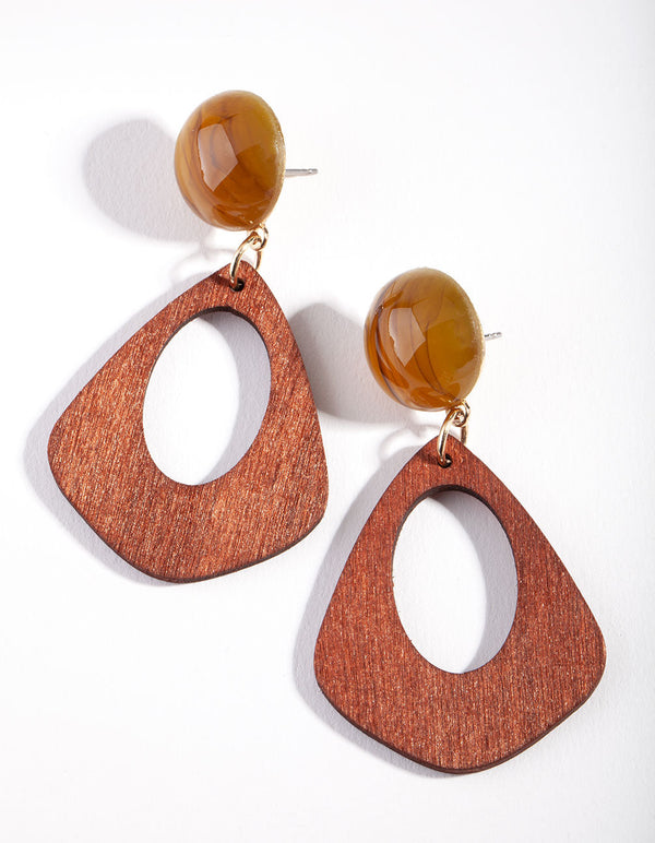 Gold Acrylic & Wood Teardrop Earrings