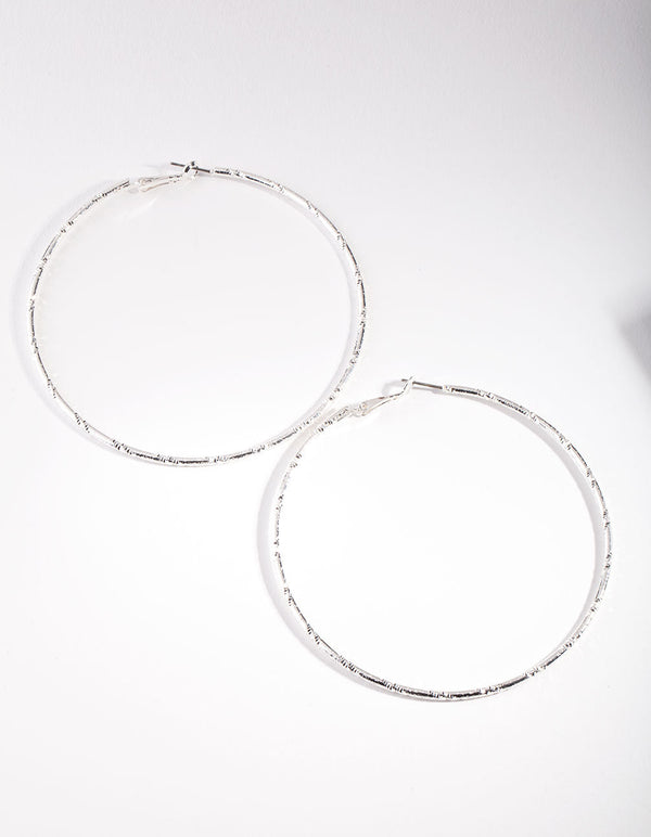 Silver Fine Textured Large Hoop Earrings