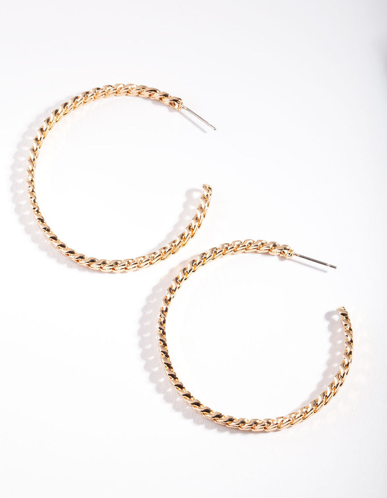 Gold Curb Chain Open Hoop Earrings
