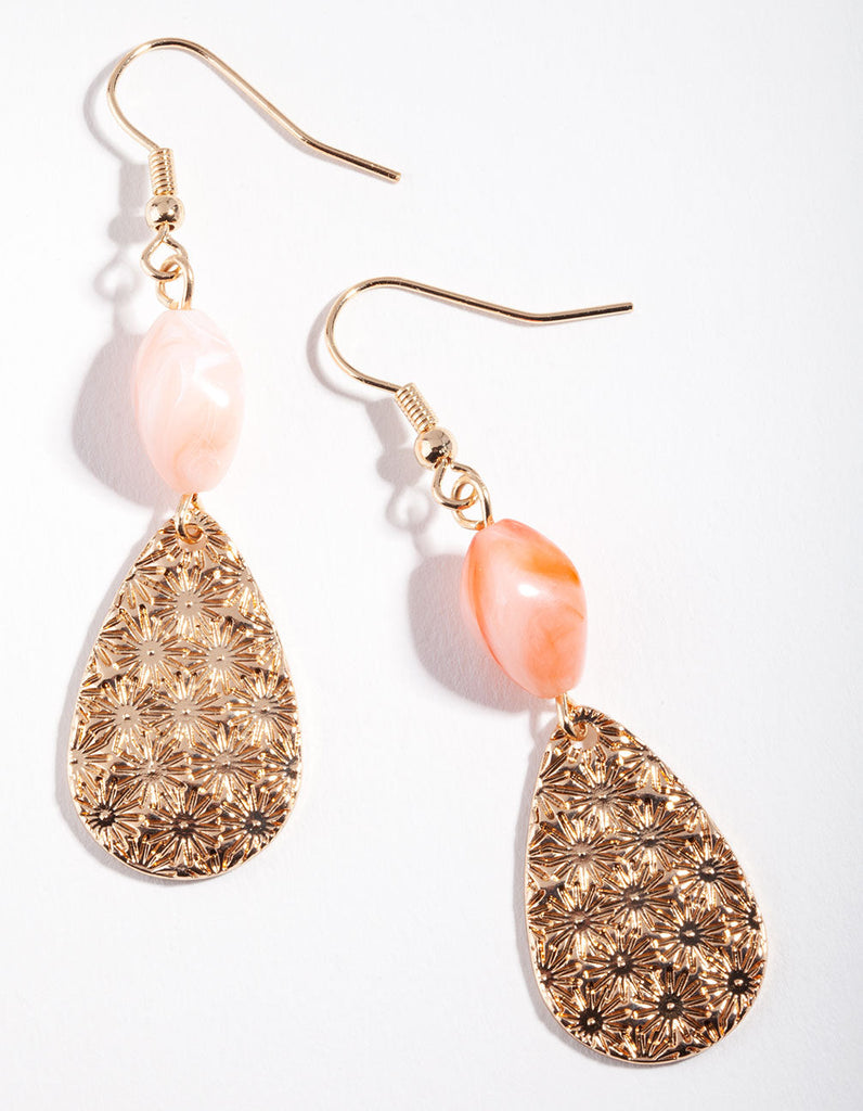 Gold Pink Bead Stamp Teardrop Earrings