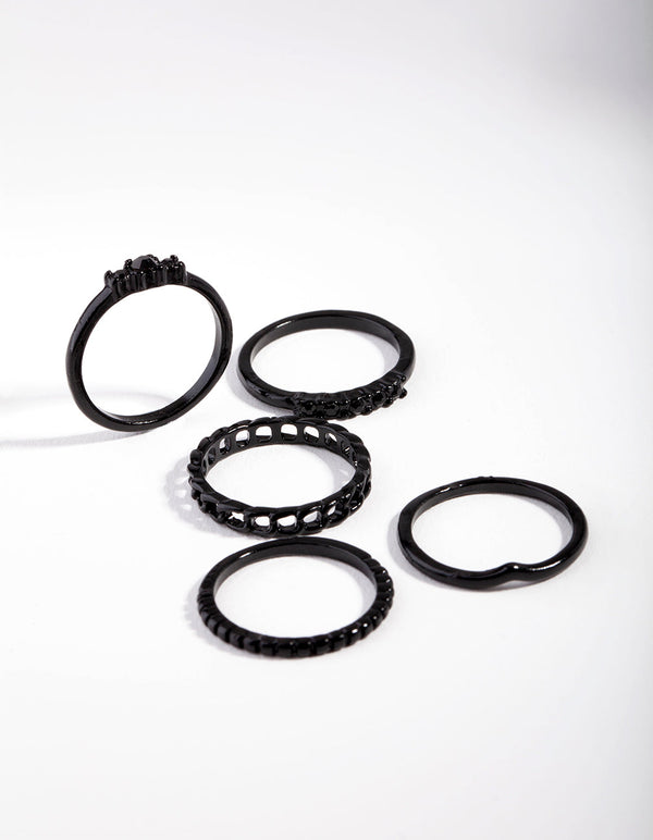 Black Diamante & Chain Ring 5-Pack