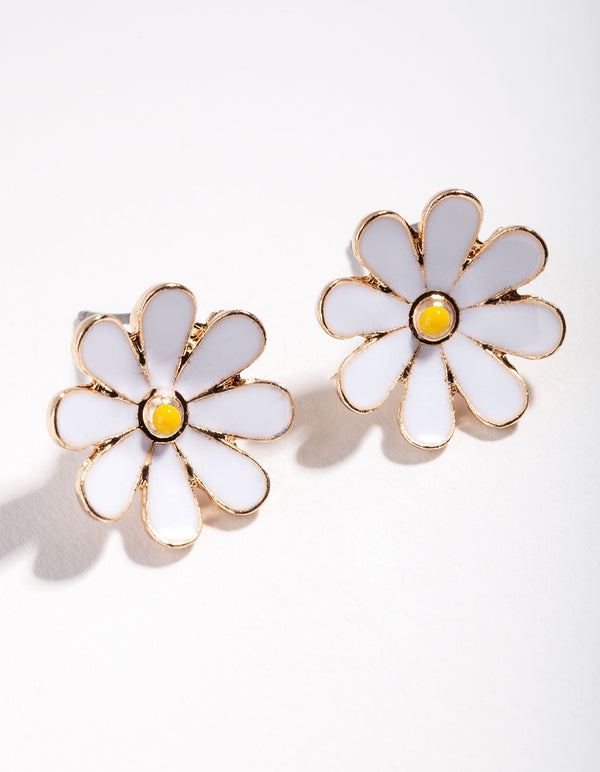 Gold Enamel Daisy Stud Earrings