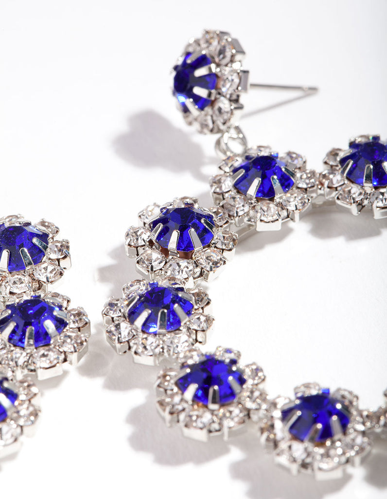 Rhodium Blue Diamante Flower Circle Drop Earrings