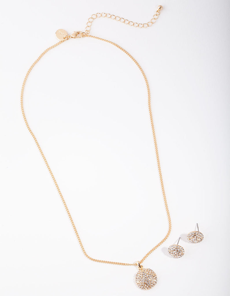 Gold Pave Circle Necklace & Earrings