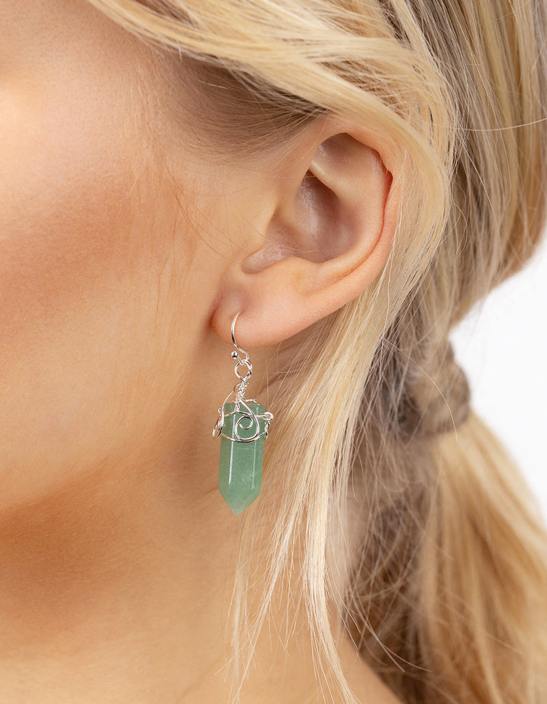 Silver Coil Wrap Green Stone Drop Earrings