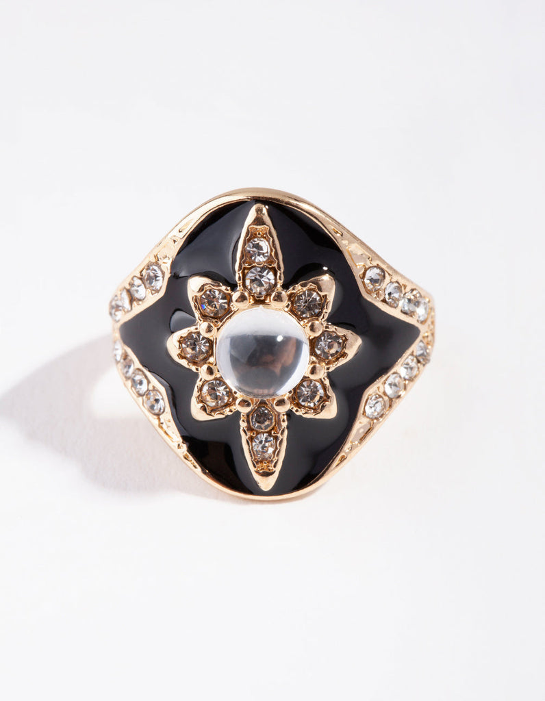 Gold Enamel Diamante Flower Ring