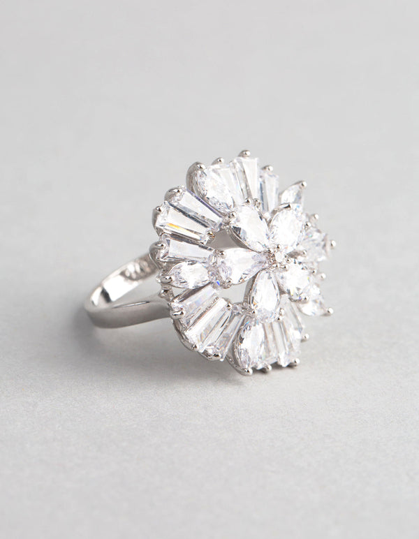 Rhodium Cubic Zirconia Statement Flower Burst Ring