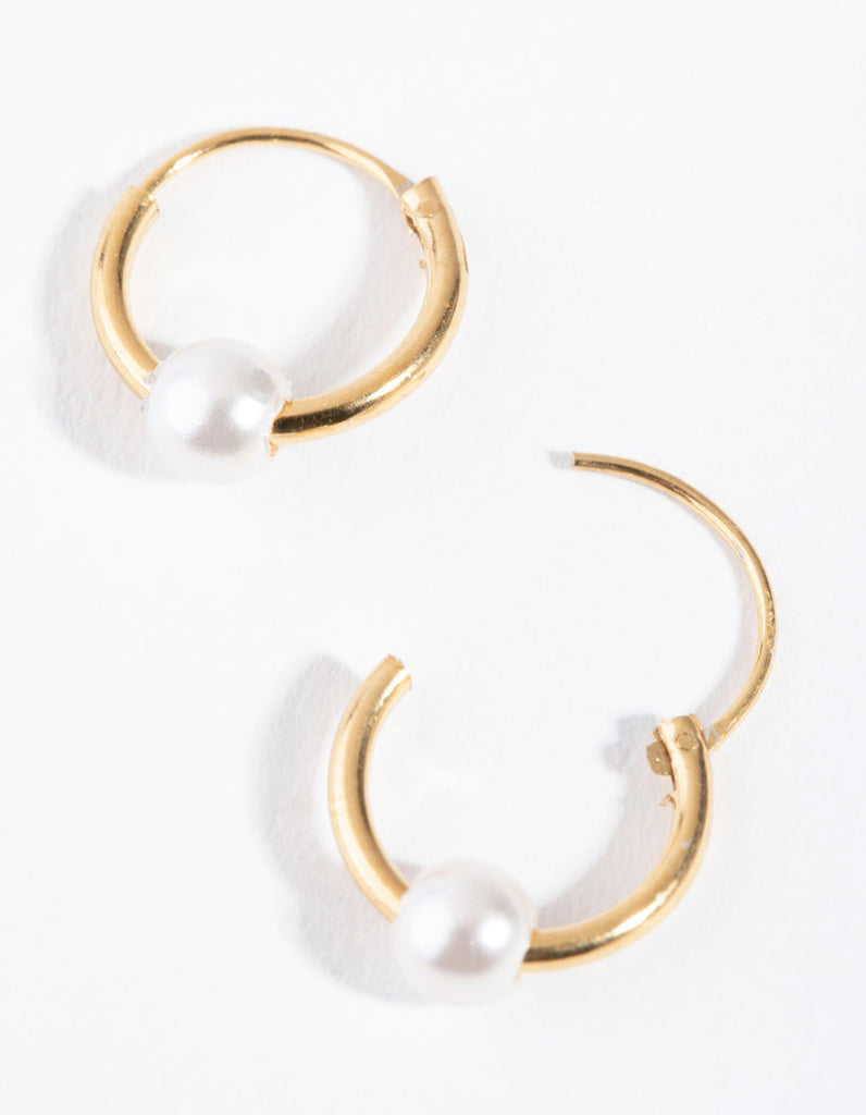 Gold Plated Sterling Silver Pearl Beaded Hoop Earrings