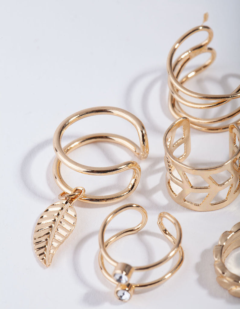 Gold Mix Texture Leaf 6-Pack Ear Cuff