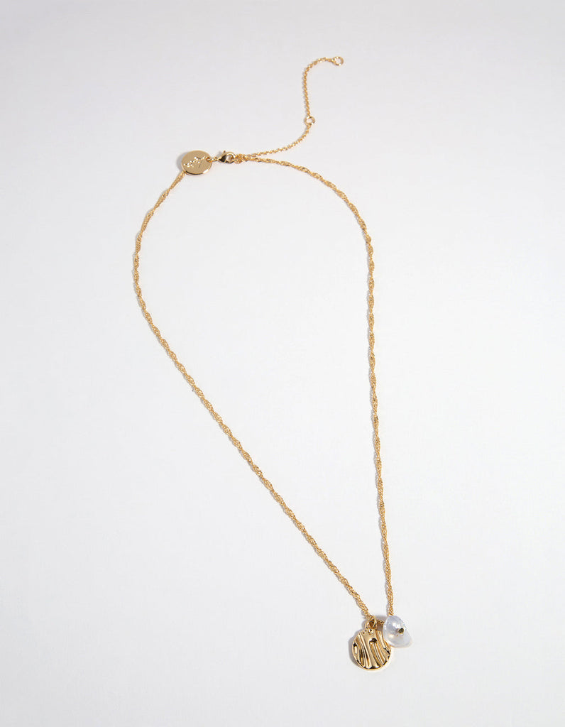 Gold Plated Molten Disc & Pearl Necklace