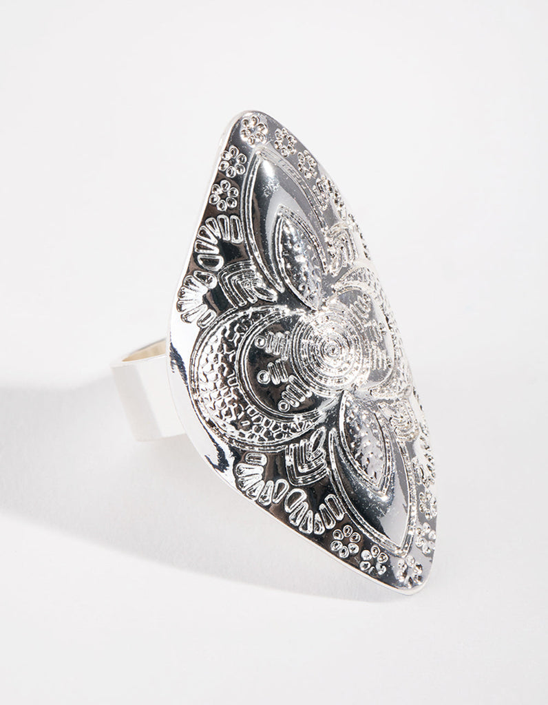 Antique Silver Oval Etched Shield Ring