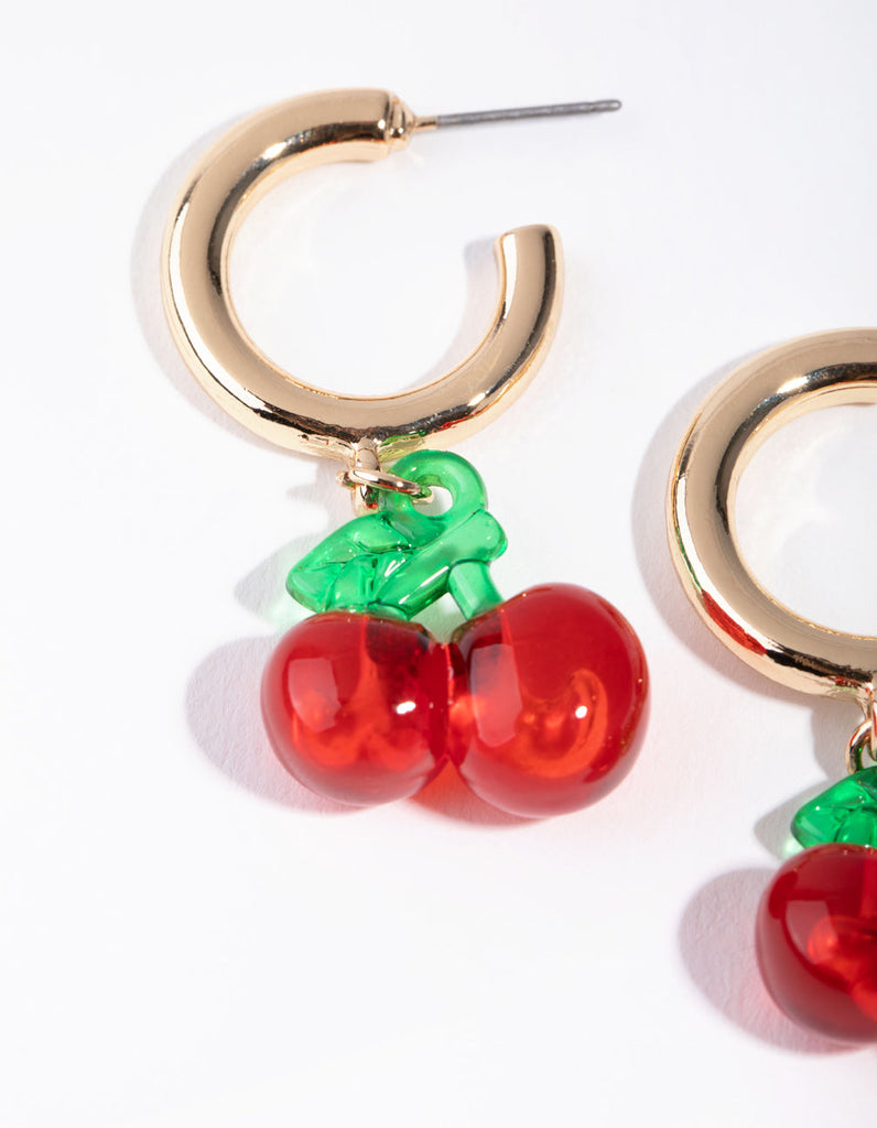 Gold Acrylic Cherry Hoop Earrings