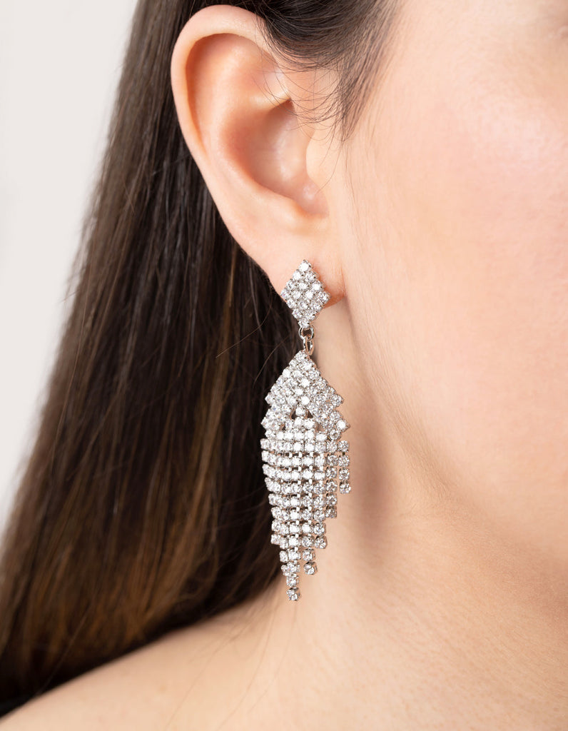 Rhodium Diamond Simulants Fringe Stud Earrings