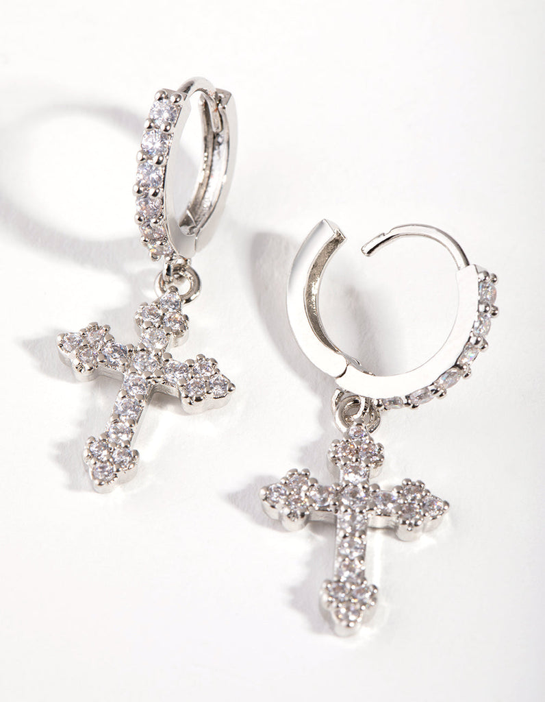 Rhodium Diamond Simulants Cross Huggie Earrings