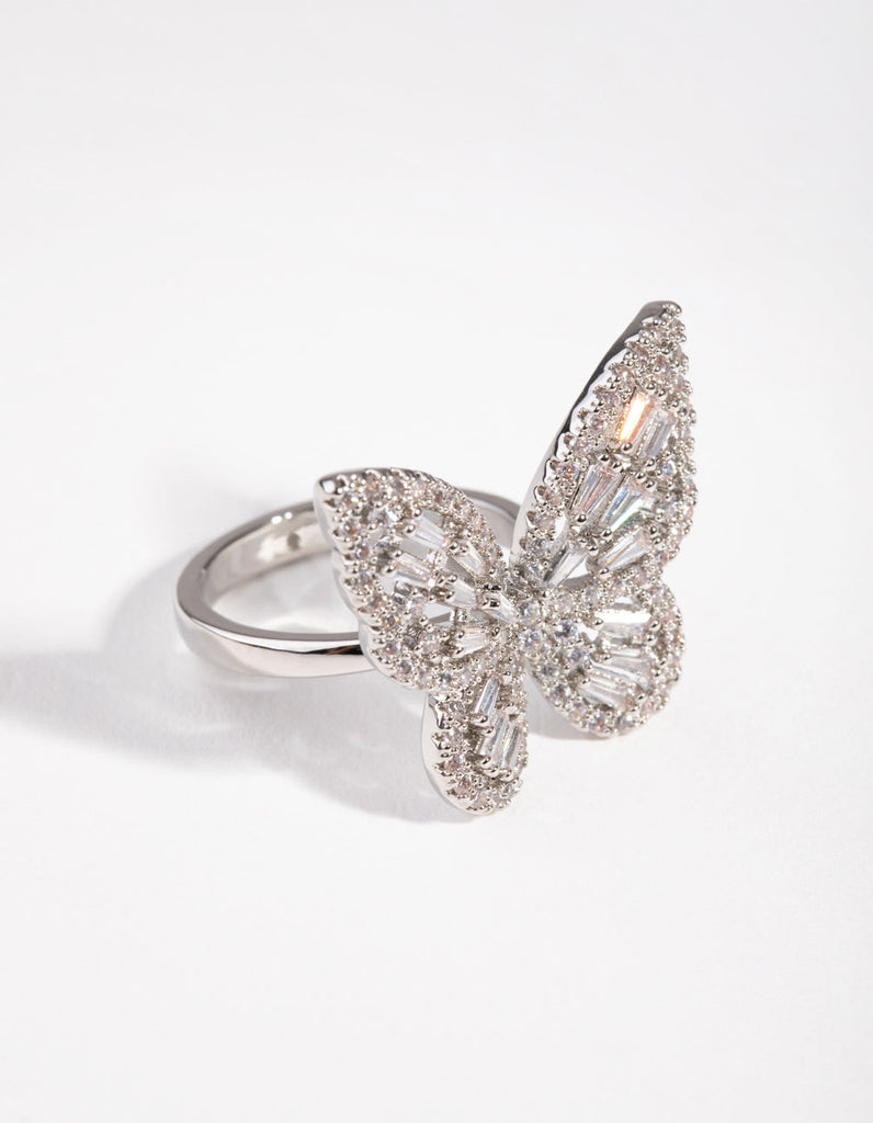 Large Rhodium Diamond Simulant Butterfly Ring